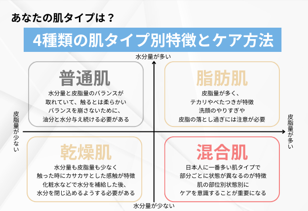 肌タイプ(普通肌、脂肪肌、乾燥肌、混合肌)の違いや特徴、ケア方法について