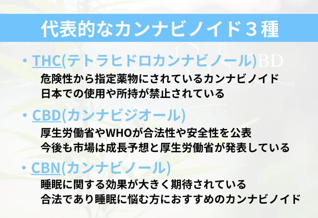 代表的なカンナビノイド3種　THC(日本では違法成分)　CBD(世界保健機関や厚労省が合法性や安全性を公表)　CBN(睡眠に関する効果が期待されている)