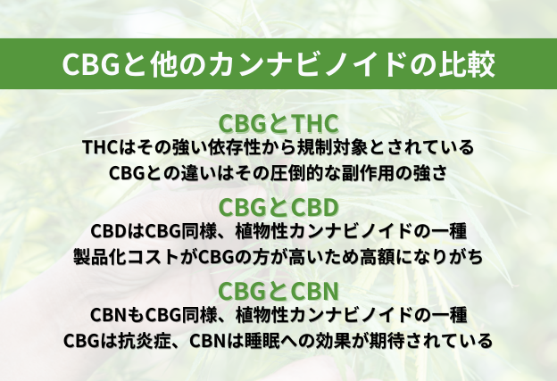 CBGとTHCの違いは服作用の強さ。CBGとCBDの違いは製品価格帯の違い。CBGとCBNの違いは期待されている効果の違い。