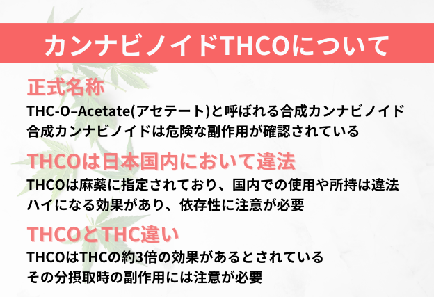 THCOとは合成カンナビノイドの一種でありその危険性から日本国内において指定薬物として規制対象の成分　THCOはTHCの10倍の効果があり非常に危険