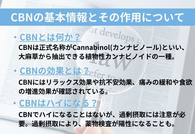 CBNはカンナビノールといい、リラックス効果や抗不安作用、痛みの緩和などが報告されている。CBNによってハイになることは無いが、過剰摂取には注意が必要