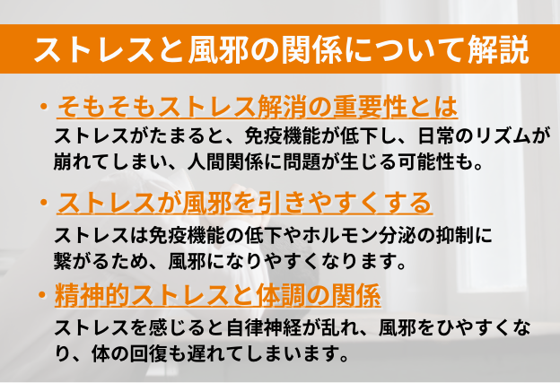 ストレスがたまると、免疫機能が低下し、体調を崩す。ストレスを感じると自律神経が乱れ、風邪を引きやすくなり体の回復も遅れます