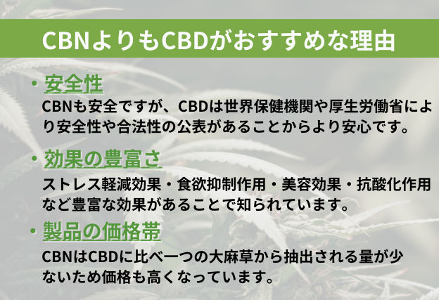 CBNよりもCBDがおすすめな理由　①安全性　②効果の豊富さ　③製品の価格帯