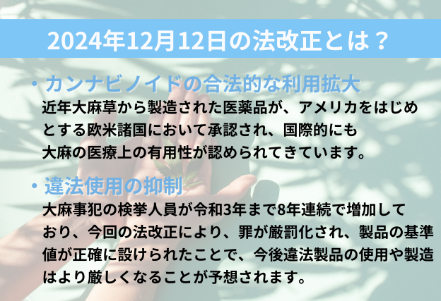 2024年12月12日の法改正の理由　①カンナビノイドの合法的な利用拡大　②違法使用の抑制