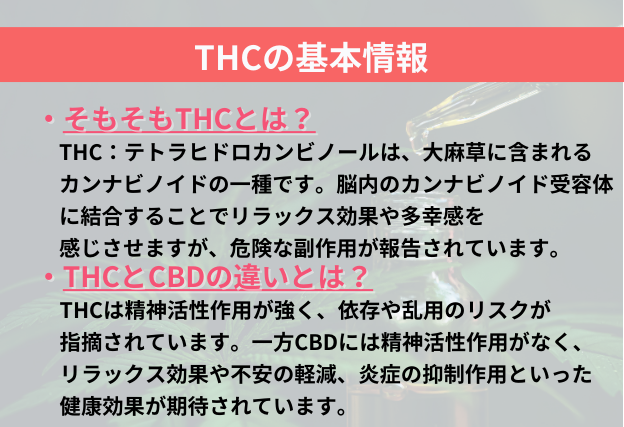 THCとはテトラヒドロカンナビノールと言い、植物性カンナビノイドの一種　CBDは精神活性作用が無いがTHCにはある