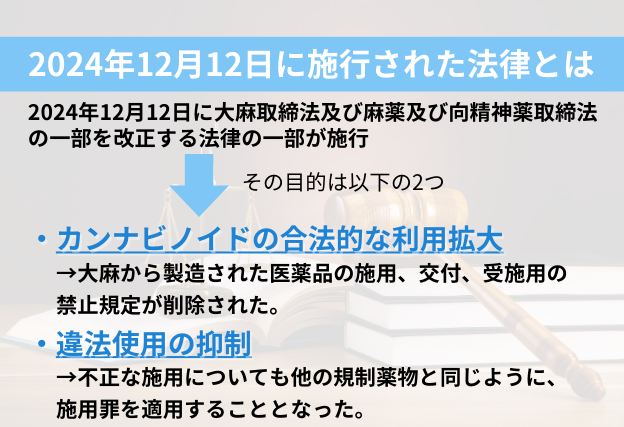 2024年12月12日に施行された法律の目的　①カンナビノイドの合法的な利用拡大　②違法使用の抑制