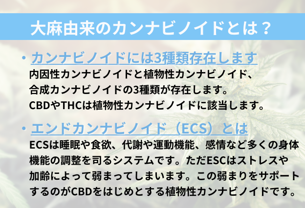 カンナビノイドとは　カンナビノイドには内因性カンナビノイドと植物性カンナビノイドと合成カンナビノイドの３種類が存在する。またエンドカンナビノイドシステムという身体調節機能の理解も必須です。