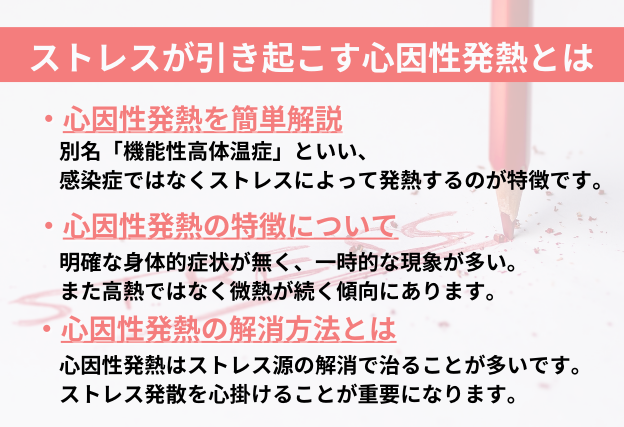 心因的発熱とは機能性高体温症といい、感染症ではなく、ストレスによって発熱するのが特徴　微熱が続く　ストレスが解消されると熱も治まる