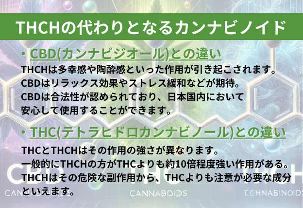 THCHとCBD(カンナビジオール)・THC(テトラヒドロカンナビノール)の合法性や効果、効果の強さの違いについての解説