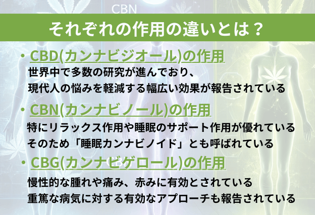 CBDとCBNとCBGの作用や効果の違いについて解説