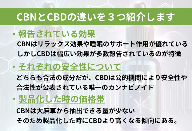 CBDとCBNの違いについて効果・安全性・価格の3点から解説
