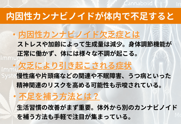 内因性カンナビノイドの生成量はストレスや不規則な生活習慣、加齢によって減少。減少すると身体調節機能が正常に働かず、体には不調(慢性痛や片頭痛、不安障害やうつ病)が確認されています。。